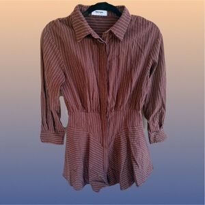 WHITNEY MINI DRESS LINEN LONG SLEEVE SHIRT DRESS IN CHOCOLATE PINSTRIPE